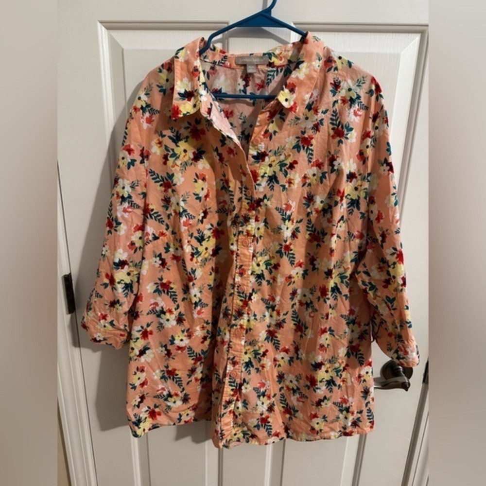Woman Within Plus Three Quarter Sleeve Shirt Pink Peach Floral 2X 4X 26/28